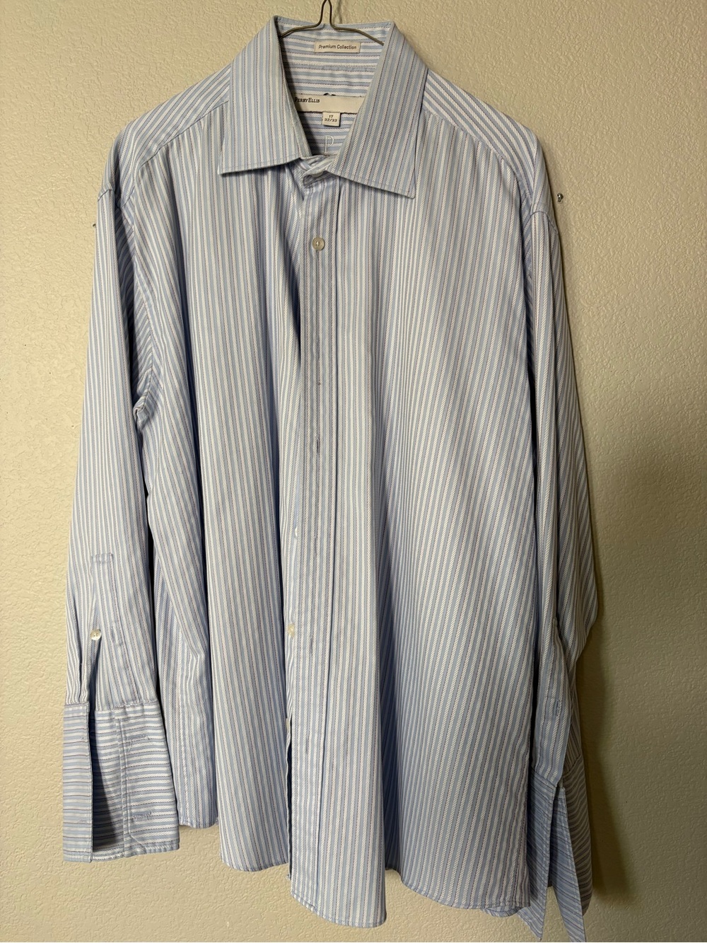 Perry Ellis Blue Striped French Cuff  Dress Shirt -17 32/33